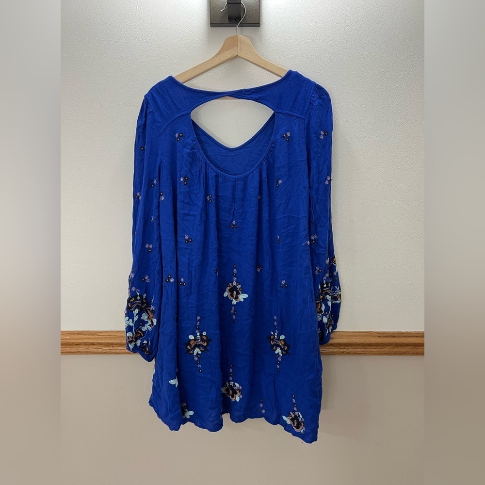 Free People Cobalt Blue Long Sleeve Floral Shift Dress - Picture 6 of 12